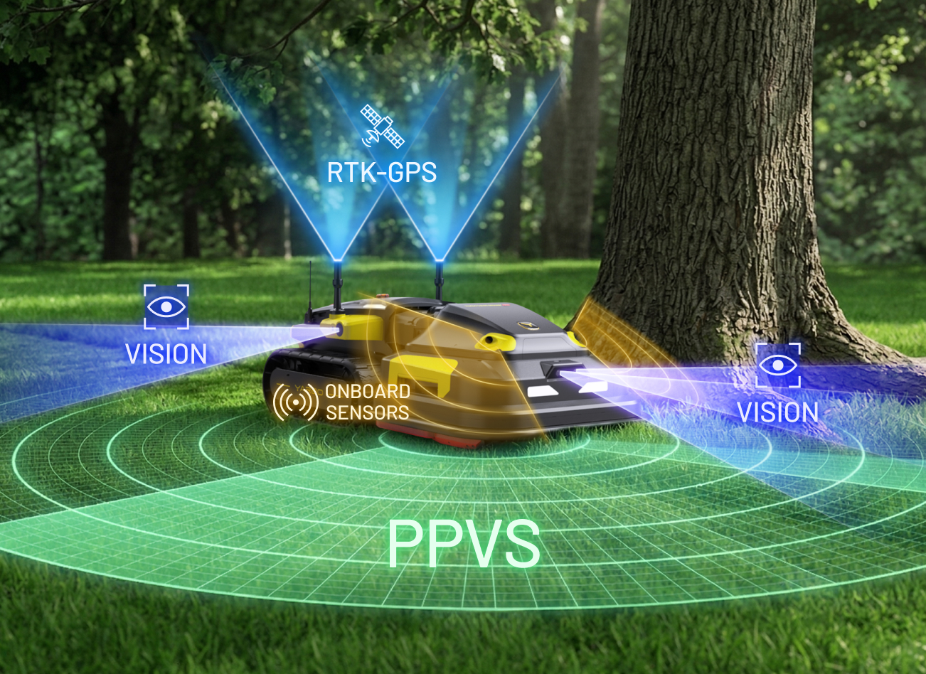 Yarbo Lawn Mower Pro PPVS precision navigation diagram showing RTK-GPS, dual vision cameras, and onboard sensors for obstacle detection