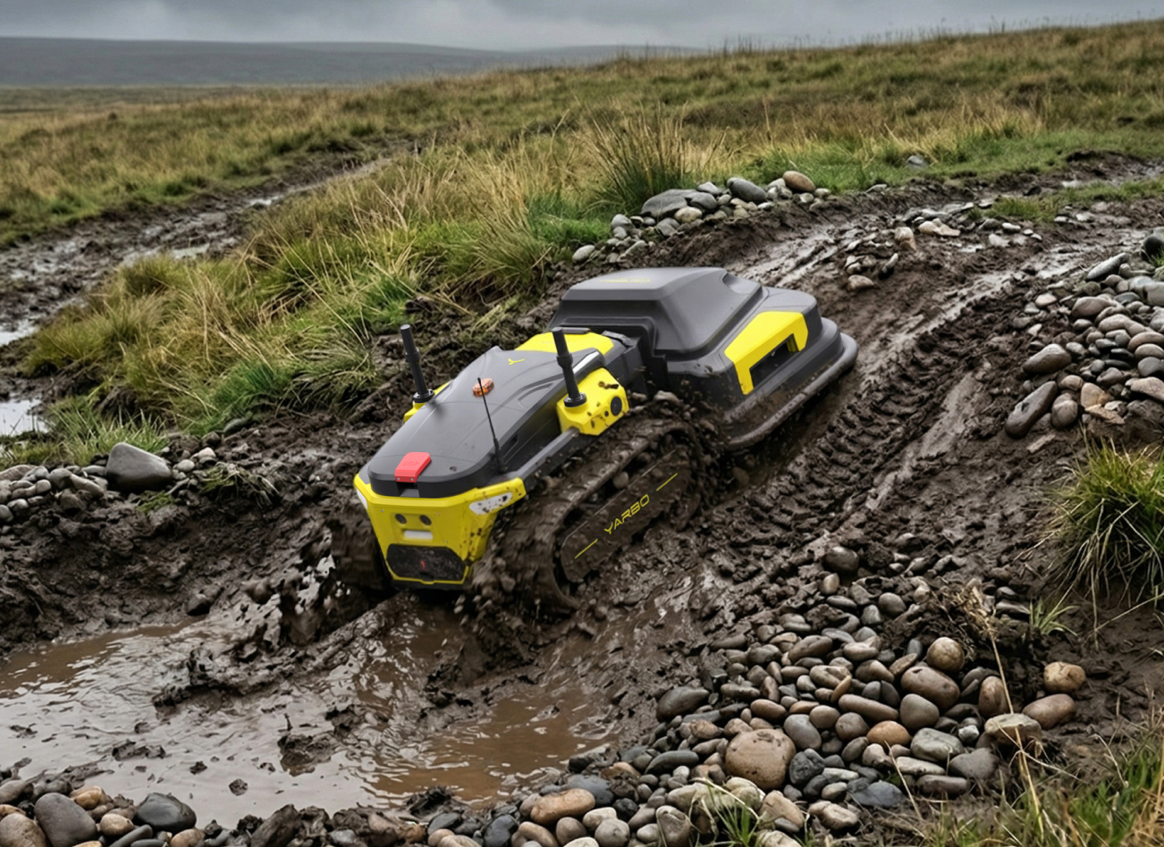 Yarbo robot lawn mower navigating through deep mud, rocks, and rough terrain, demonstrating all-terrain track-driven durability in extreme outdoor conditions