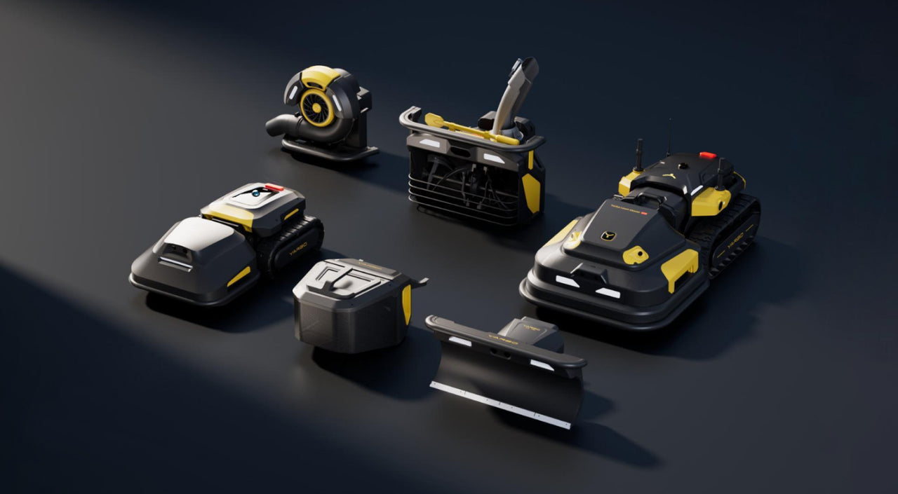 The Yarbo modular robot ecosystem showing all attachments: lawn mower, snow blower module, leaf blower module, snow plow blade, and additional modules arranged together on a dark surface