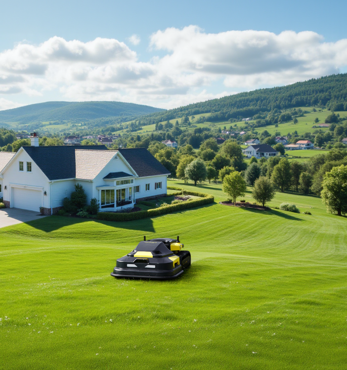 Yarbo robot lawn mower autonomously mowing a large sloped residential lawn with a scenic hillside backdrop