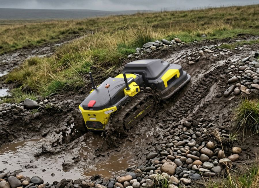 Yarbo unit navigating a muddy and rocky terrain.