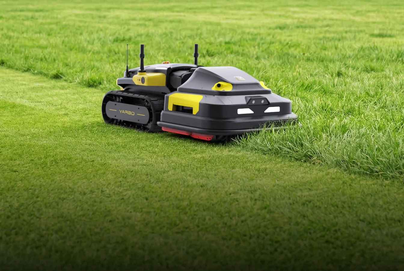 Yarbo robot mowing a grassy field