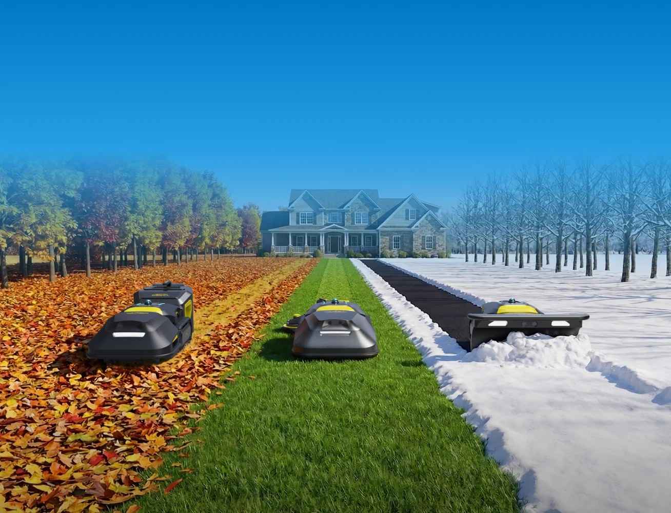 Yarbo Robots in various seasons with a house in the background